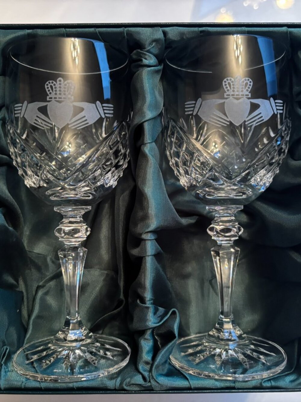 Galway Irish Crystal Claddagh wine glasses- Set of two in original box